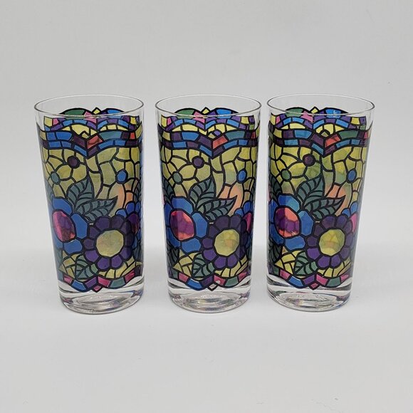 Georges Briard Stained Glass Style Drinking Glasses Tumblers VTG 5.5" Set of 3 - Picture 4 of 8